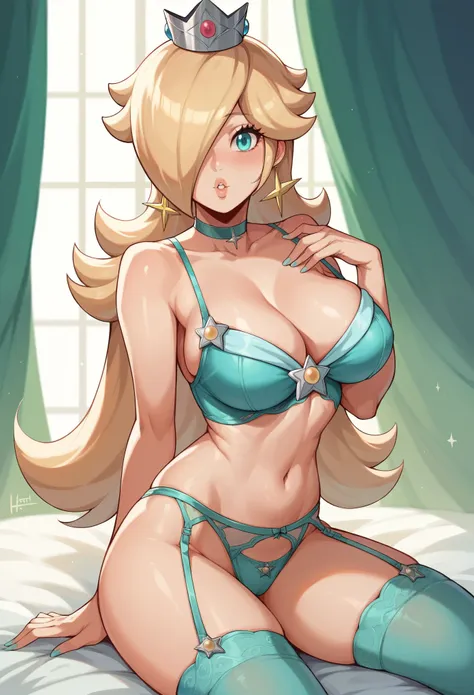 princess rosalina, hentai, big breasts, (breasts focus), blue lingerie, horny