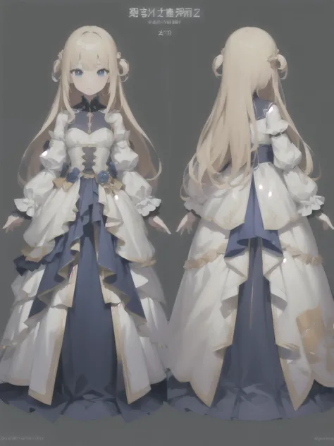 charturnerv2, 1girl, full body, blonde hair, long hair, blue eyes, white dress with blue details, princess, same outfit, concept-art, full body, detail_face, line_sketch, PlanIt, official art, official alternate costume, design style, multi style, detail c...