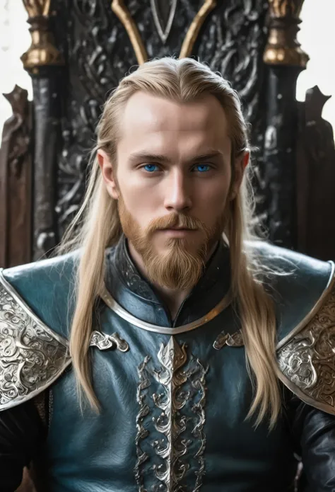 In this candid shot, set in the throne room of Briar Castle, we see a 20 year olf Elven man with long blonde hair, a close trimmed beard and pale blue eyes, standing in front of the throne with his back to the throne. He is wearing black leather armor, pol...