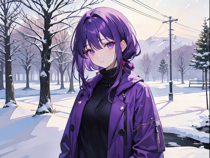 A middle-aged woman with purple hair and golden eyes, wearing a sweater, surrounded by snow.