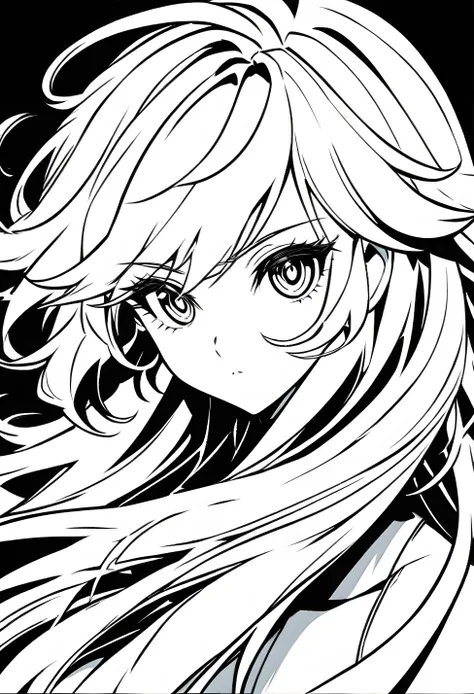 An anime woman, simple lineart style, with a deep look and a black background, in black and white style