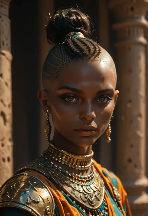 Sexy black african warrior girl, arabian heavy armor, intricate details, beautiful face, ((african black girl)), (((shaved head)))