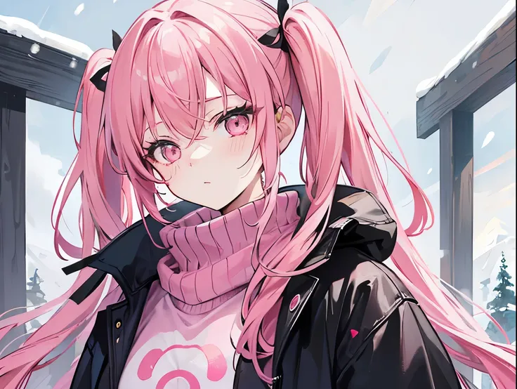 A middle-aged woman with long twin tails, pink hair, golden eyes, wearing a sweater, surrounded by snow.