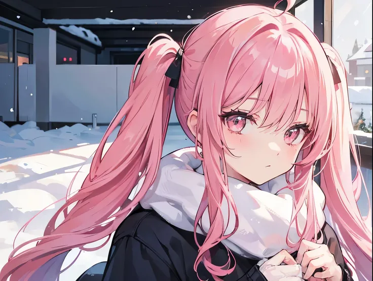 A middle-aged woman with long twin tails, pink hair, golden eyes, wearing a sweater, surrounded by snow.