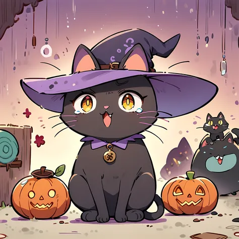 Black cat wearing witch hat, black cat, purple witch hat, yellow eyes, 