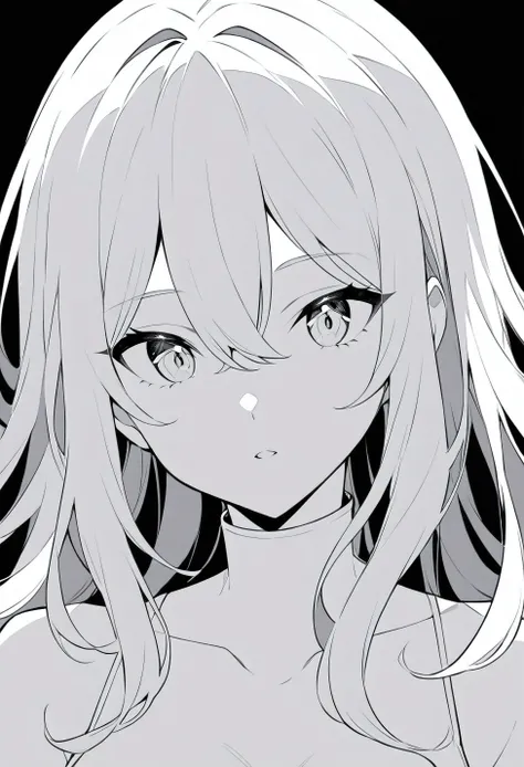 An anime woman, simple lineart style, with a deep look and a black background, in black and white style