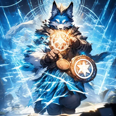 masterpiece,High quality,furry,male,(An odd-eyed wolf that releases thunder magic from the magic circle),black&blue fur,wizard,perfect background,dynamic,one person