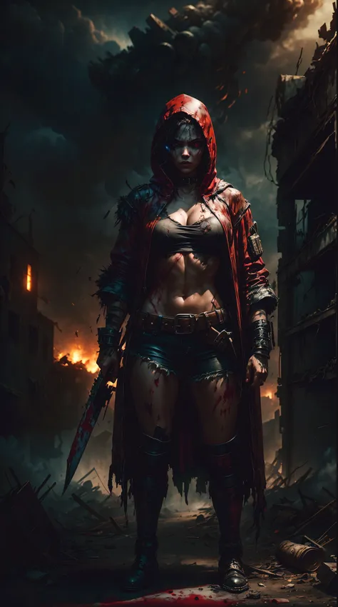 Dark fantasy art of a fierce, battle-hardened warrior woman in a tattered red hood and clothing, her body marked with blood and scars, standing in a post-apocalyptic setting, the background filled with debris and smoke, creating a gritty and intense atmosp...