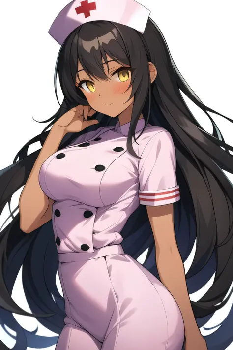 Anime girl with long black hair brown skin yellow eyes white nurse outfit busty slim waist