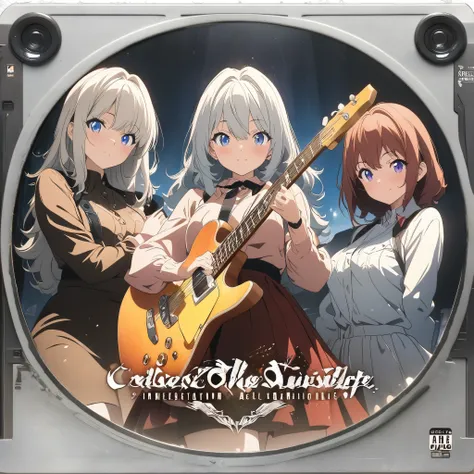 (masterpiece:1.2), (Best Quality:1.2), Ultra-high resolution, Very detailed, 4 girl rock band,CD cover photo, Group photo, Digital anime art,Anime style illustration,Anime illustration, musical instrument