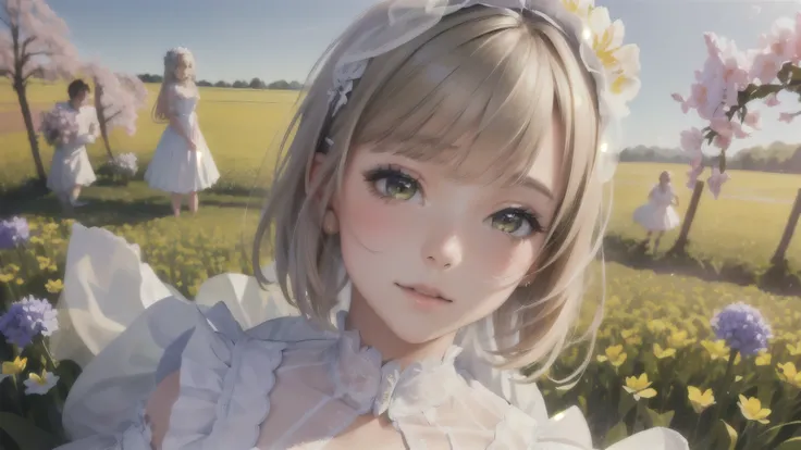 (ultra-detailed, realistic), [professional:1.1], [physically-based rendering], [vivid colors], [sharp focus], [extreme detail description], [best quality,4k,8k,highres,masterpiece:1.2], Sissy bride in a field of flowers, boy dressed as girl frontal in a fl...