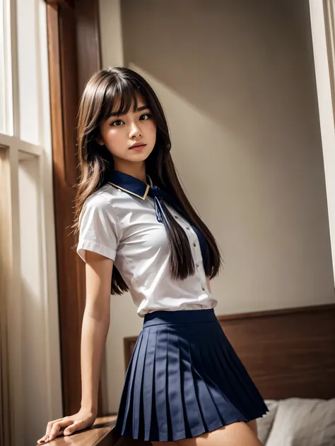 (extremely detailed CG:1.2), (masterpiece:1.2), (best quality:1.2),,((absurdres)),looking at viewer,full body, ,(1girl),solo,(long hair),(mathayom uniform),(white shirt short sleeves),(navy_blue pleated skirt),(long skirt),dynamic angle,standing,dynamic po...