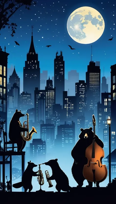 A silhouette of a jazz band with animals playing instruments, set against a cool blue night sky. The band includes a fox playing the trumpet, a bear on the double bass, and a raccoon on the keyboard. The city skyline is visible in the background, adding a ...