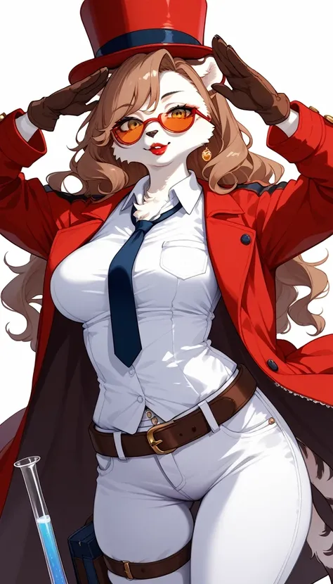 score_9, score_8_up, score_7_up, score_6_up, score_5_up, score_4_up, source_anime, best quality, amazing quality, very aesthetic, absurdres, 1 female, (furry, kemono:1.3), tiger, solo, hat, long hair, gloves, belt, coat, brown hair, red coat, shirt, red he...