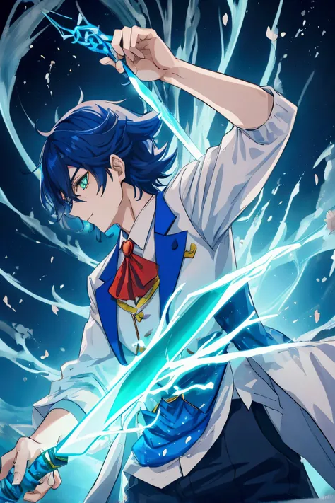 a anime chracter young man from anime Seija Musou: Salaryman, Isekai de Ikinokoru Tame ni Ayumu Michi  holding a sword covered with magic energy and he coverd with crazy blue magic enrgy with electro light anime effects with background green grass and blue...