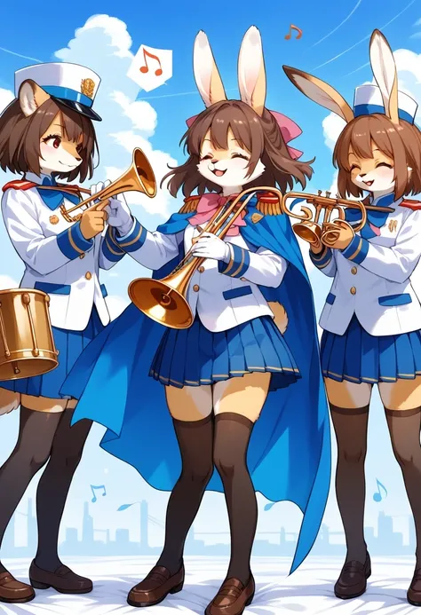 score_9, score_8_up, score_7_up, score_6_up, score_5_up, score_4_up, source_anime, best quality, amazing quality, very aesthetic, absurdres, 3 females, (furry, kemono:1.3), rabbit, instrument, multiple females, drum, trumpet, thighhighs, brown hair, brown ...