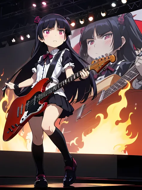 Metal Band, ruri gokou, Hime cut, Black Hair, Long Hair, mole, blush, Dark Stage, A performance of rising flames, Intense guitar riffs, Powerful drummer, Scenes with heavy bass, The angry expressions of the members, Skull motif, full body