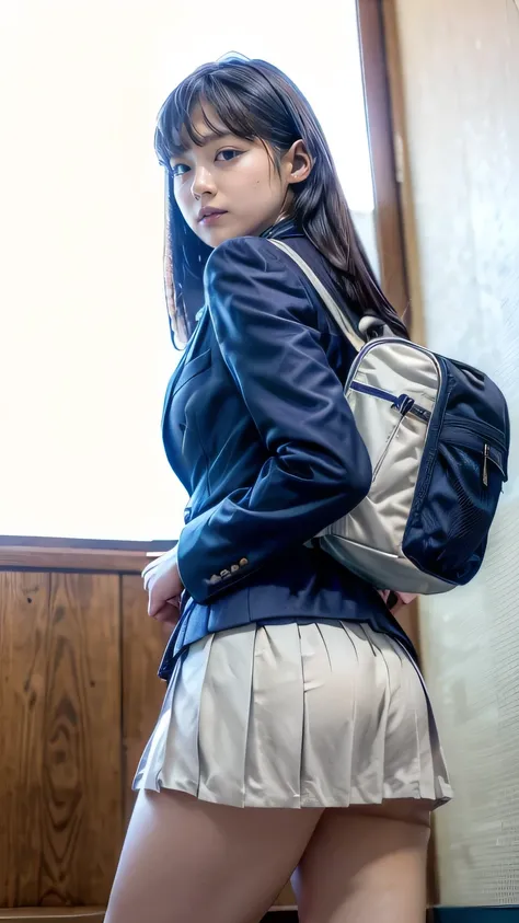 (High school girl climbing the stairs in school:1.2、corridor、With a backpack)、((uniform、Navy Blue Blazer、(Navy blue pleated skirt:1.2)、Navy blue socks、Pure white panties:1.3)、(Rear View、真View from below)、(Realistic、As shown in the picture、live-action、8k, R...