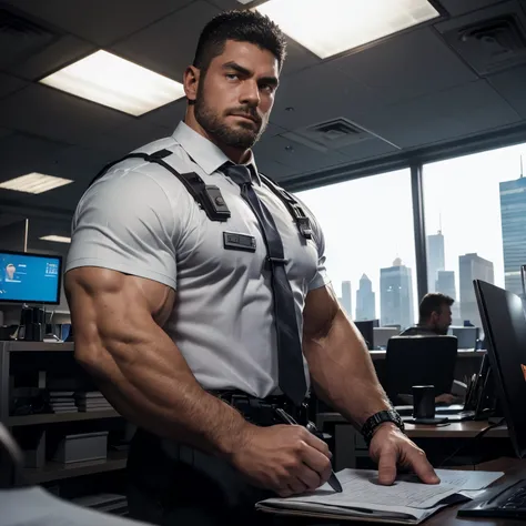 an award-winning original photo，a wild muscular man, (2 fbi agent working on a futuristic office:1.1), 1boy, solo, rolling up th...