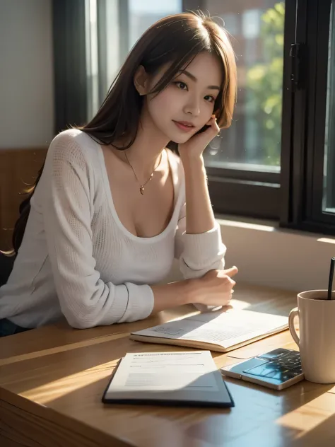 misakiai, tiny breasts, (masterpiece: 1.3), (8k, photorealistic, raw photo, best quality: 1.4), young woman working at her desk ...