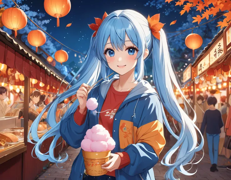 Anime girl with cotton candy in her hands, Light Blue Long Hair、Twin tails、Blue T-shirt and denim jeans、smile、night、The autumn leaves are lit up、A lively autumn festival with rows of food stalls、Beautiful anime portraits, Anime Style 4k, anime art wallpape...