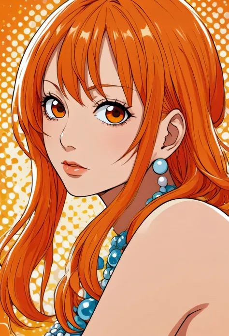 American Pop Art,Japanese Beauty, Nami, One Piece, Orange eyes, orange hair, Beautiful beady eyes, Manga Style,colorful,Face seen from an angle,Keiko Kitagawa Style,The background is dots
