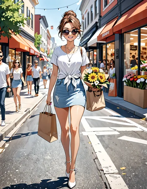 Highly detailed, high quality, masterpiece, 1 woman, walking down the street, shopping bag in both hands, happy expression, brown hair, tied into a messy bun, (casual wear: 1.1), white t-shirt, short skirt, high heels, light makeup, (silver necklace: 1.2),...