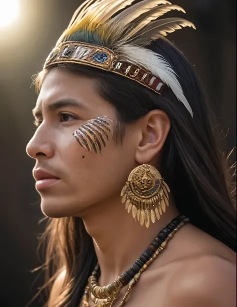 Studio portrait mode photograph of an Inca wearing gold ornaments and exotic bird feathers and looking to the left. His skin is thick and sun-damaged. In HDR and UHD maximum detailSolo, Long hair, Open mouth, Hair ornament, Very long hair, Earrings, Backli...