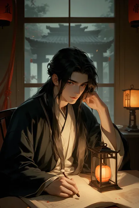 man, black long hair, black eyes, had white skin, wear a black plain Hanfu, Chinese, ancient China, muscular, ancient study hall, dim light with only lantern illuminated his face, holding brush,