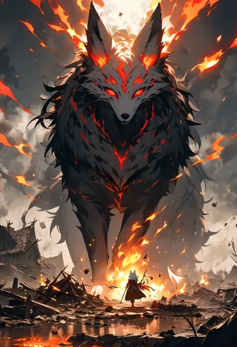 "Create an anime-style image of a majestic, large white-furred fox standing on all fours in the midst of a ruined village. The fox, over two meters long, has thick, luxurious fur that flows gracefully in the wind. Its glowing red eyes radiate an intense, o...