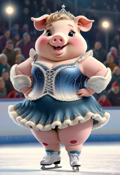 photorealistic portrait of Dressed animals - a ((fat)) (pig) figure skater,(hands on hips:1.5),(happy smile:1.2),(furry), high quality,(lovely) ,intricate details, highly detailed (elaborate figure skating costume with ornaments),( frilled short skirt , sk...