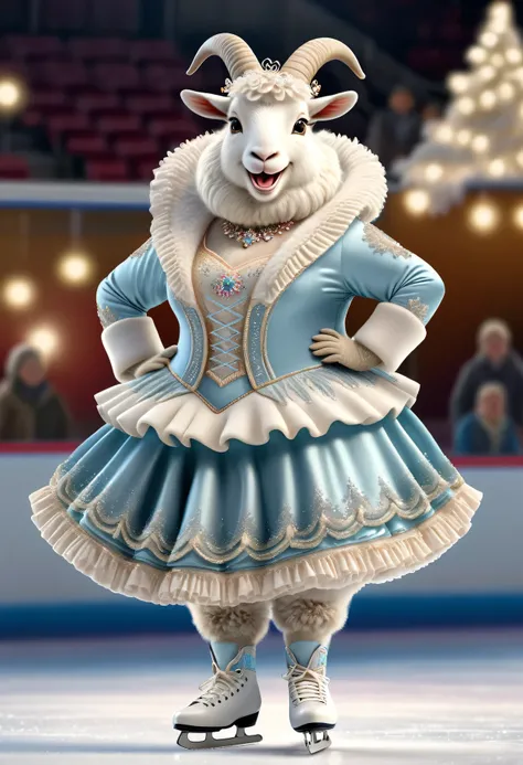 photorealistic portrait of Dressed animals - a ((fat)) (angora goat) figure skater,(hands on hips:1.5),(happy smile:1.2),(), high quality,(lovely) ,intricate details, highly detailed (elaborate figure skating costume with ornaments),( frilled short skirt ,...