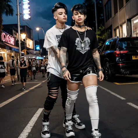 full view full body, one Sexy emo white teen gay boy with stylish incredible undercut haircut (black hair), massive huge sliliconed over-inflated (bimbolips) bimbo lips, wearing T-shirt and chunky New-Rock steel toe shoes, long high white sheer socks, larg...