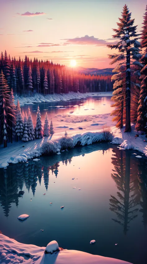 A frozen lake surrounded by snow-covered trees, with the setting sun casting a warm glow over the ice. The sky is filled with shades of pink and orange.