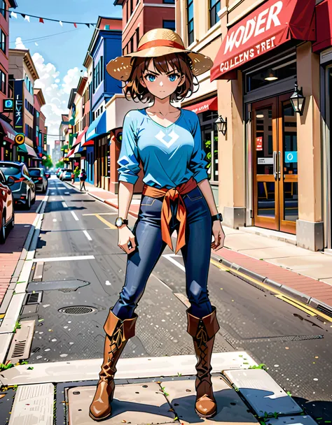 Masterpiece, Best Quality, High Resolution, highly detailed, professional, 8k, 1girl, wonder, superhero, light brown straw hat, blue eyes, wristwatch on one hand, matching boots, (casual wear: 1.1), medium breasts, brown hair, brown cowboy boots, short hai...