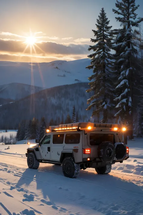 Armored vehicles，masterpiece, best quality, in winter, snow, against backlight at dusk, in a meadow, game_cg, highres, realistic,