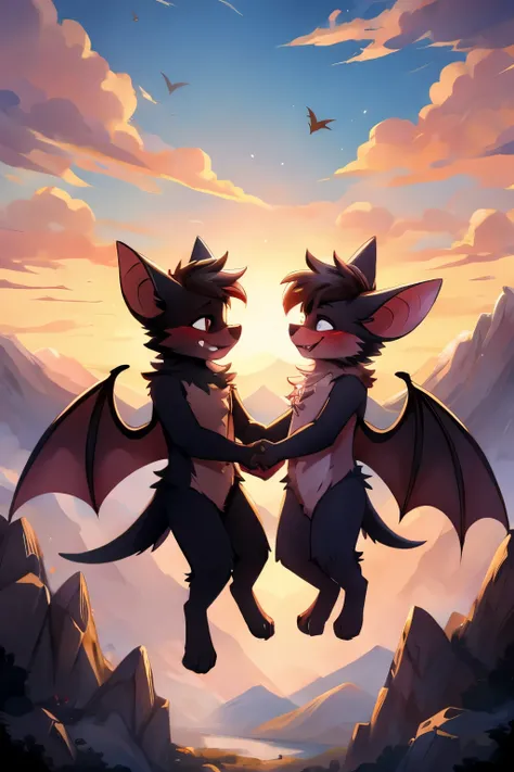 Two bat fursonas, floating about a mountain, holding hands, blushing