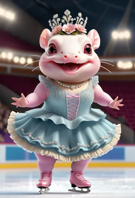 photorealistic portrait of Dressed animals - a ((fat)) (axolotl) figure skater,(hands on hips:1.5),(happy smile:1.2),(elegant), high quality,(lovely) ,intricate details, highly detailed (elaborate figure skating costume with ornaments),( frilled short skir...