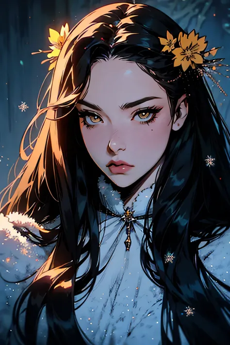 hyper-realistic of a mysterious woman with flowing dark hair, piercing yellow eyes, and a delicate floral crown, upper body, snown background, winter