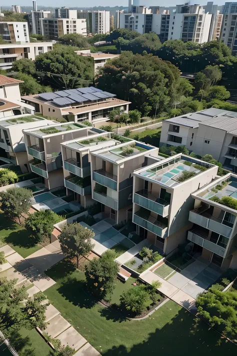 "Isometric view from above of a sustainable multi-family eco-condominium on a two-hectare plot. The structure features linear shapes and a modern architectural design., with large terraces, Solar panels and vertical gardens. The buildings are arranged to m...