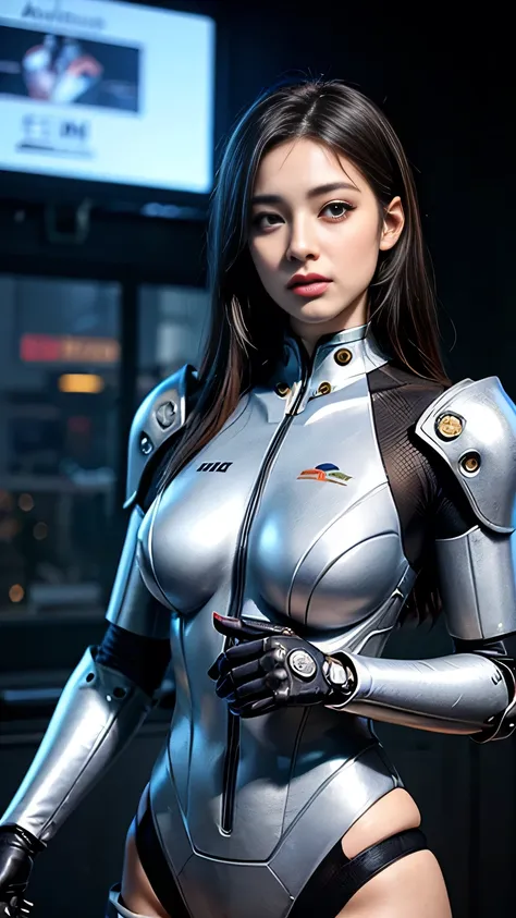 araffe woman in a futuristic suit with a gun in her hand, girl in mecha cyber armor, mechanized soldier girl, cgsociety and feng...