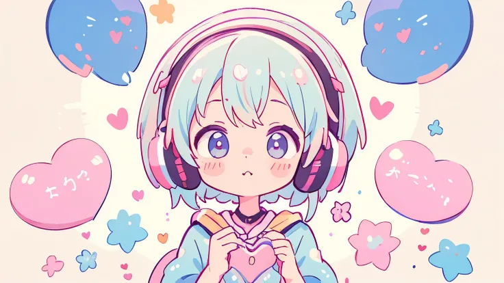 Vibrant Art,pop、heart、heartのロゴ、人生heartモード、bright、colorful, 1 female, Short Hair、happy,cute, Animation Style, cute, clearly,um pop, cute、　Wearing headphones、Headphones、