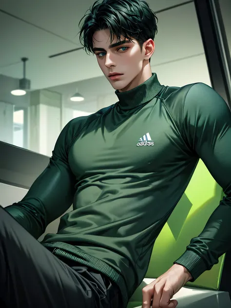 handsome young man, black hair short hair, blue eyes, ombros largos, masterpiece, Absurd, Beautiful and detailed face, looking down, with a dark green adidas long sleeve sweater from adidas, in a dark environment