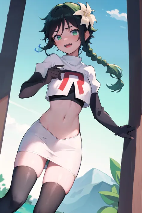 absurdres,venti,1boy, male focus, trap,black hair, green-blue hair, hair braid,hair flower,aqua green eyes,crossdressing,1boy,team rocket,team rocket uniform,white skirt,red letter R,crop top,black thigh-highs,black elbow gloves, cowboy shot,laughing,happy...