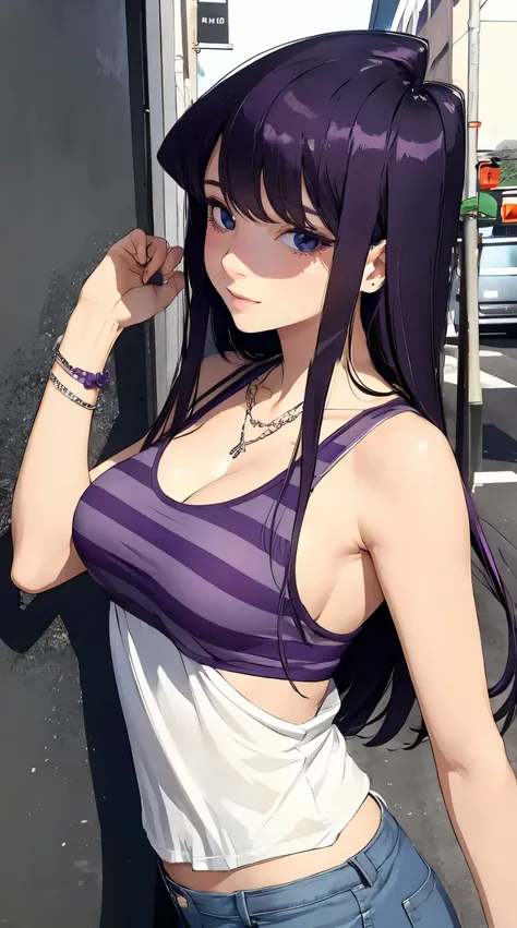 (masterpiece, best quality), 1 girl, Komi Shouko, perfect body, large breasts, woman, europe, striped tank top, shorts, bracelets, necklace, purple hair, purple eyes 