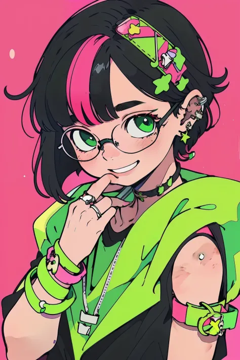 a brunette, straight black hair to the shoulders, rings, wearing green and pink top, bracelets, round glasses, smiling without showing teeth and with slanted eyes 