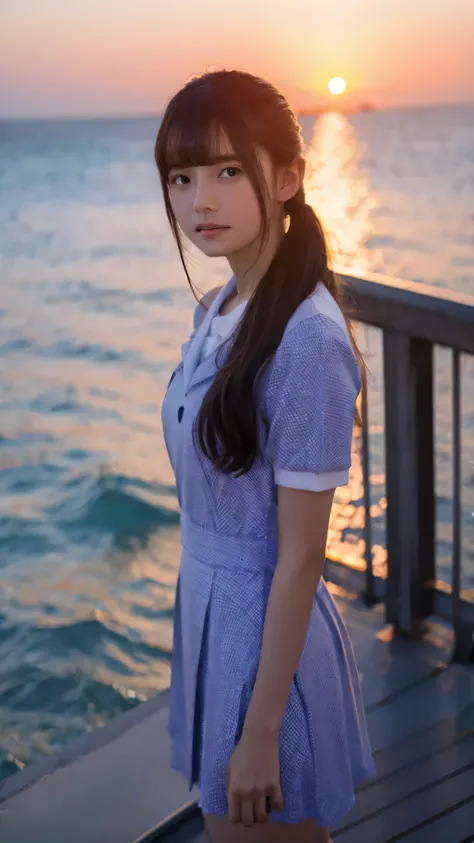 Wearing a uniform、Sea and sunset in the background