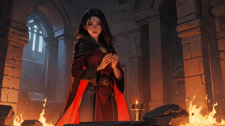 beautiful woman, dark dungeon, dark hair, red robes, priestess of zamarok, black marble dias, burning brazier