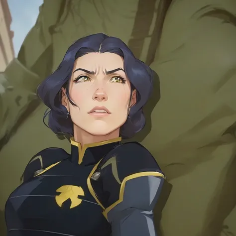 a close up of a person in a black and gold outfit, Cassandra Cain, but a stern look upon her, avatar image, Cassandra Cain in satin, legend of korra, portrait of avatar Korra, korra from the legend of korra, a muscular and angry army general, super serious...