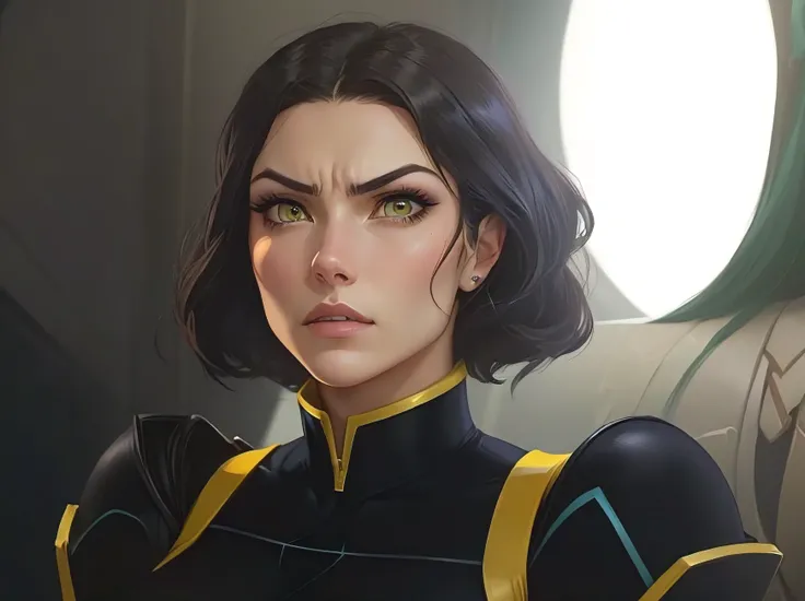 a close up of a woman in a black and yellow outfit, Cassandra Cain, Cassandra Cain in satin, but a stern look upon her, Lin Beifong, The Legend of Korra avatar image, dinah drake, portrait of avatar Korra, anya from spy family x, species sil, selina, corvo...